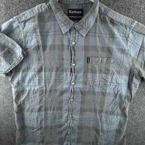 Barbour Gray Plaid Cotton Point Short Sleeve Medium Mens Pocket Button Up Shirt